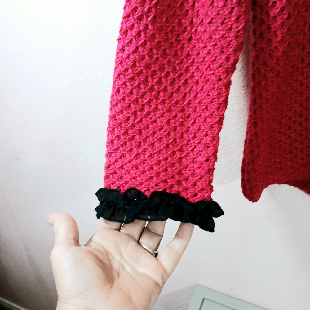 Jones New York Hot Pink with Black Beaded Trim Cardigan Sweater  Size S Stretchy - Picture 4 of 8